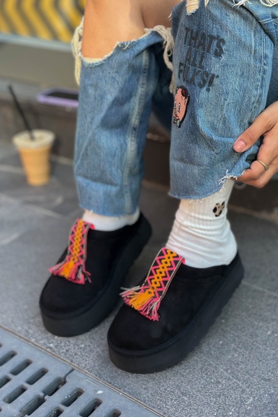 Shoebutik Coin Black Ethnic Tape Detail Plush Women's Slippers