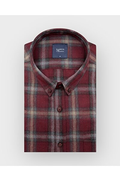 KAMER Men's Regular Fit Winter Long Sleeve Button-Up Collar Single Pocket Plaid Burgundy Shirt 3848R