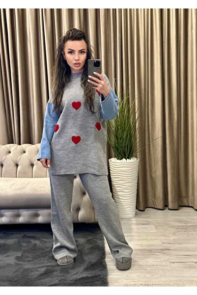Intisimo Set tricotaje damă, două piese, mărime mare, mâneci din denim, inimi...