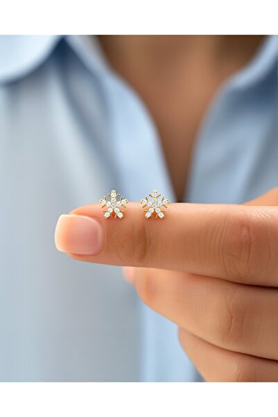 İNDİGO TAKI Minik Kar Tanesi 14 Ayar Altın Küpe