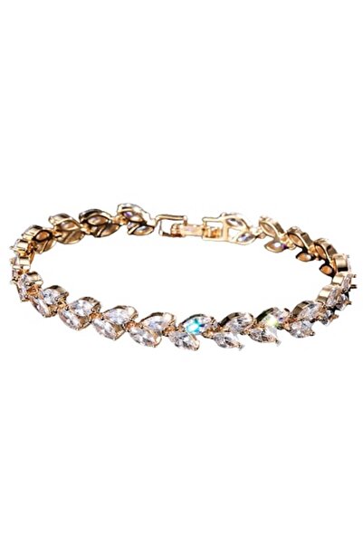 Tessero Brățară tenis pentru femei, pietre de zirconiu în formă de frunză, închidere cu clip, placată cu aur de 18K, Tessero, aur