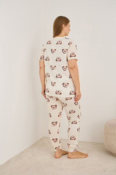 Siyah İnci ekru ayıcık desenli Curve Büyük Beden Battal boy Örme Pamuklu Pijama Takımı7913