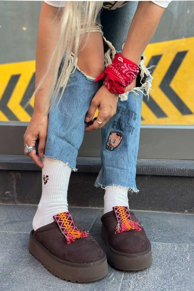 Shoebutik Coin Bitter Brown Ethnic Tape Detail Plush Women's Slippers