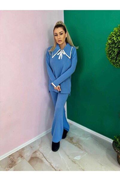 Intisimo Γυναικείο Πλεκτό Κοστούμι, Δύο Τεμάχια, Λευκό Φιόγκο, Μπλε