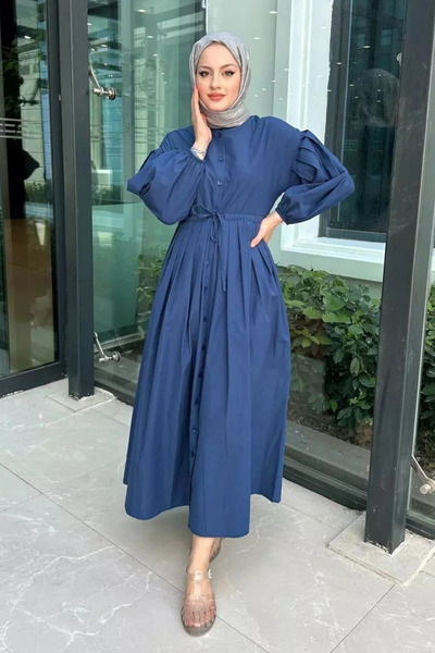 Tesettür Diyarı Düğmeli Beli Büzgülü Tesettür Elbise- Lacivert