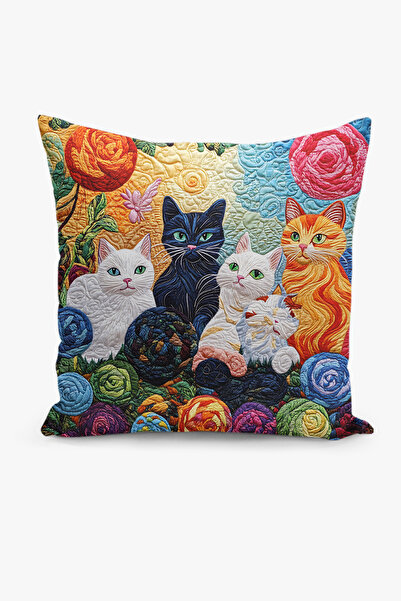 Filamente Çift Taraflı Dijital Baskı Kırlent Kılıfı Kapitone Görünümlü Kedi Desenli