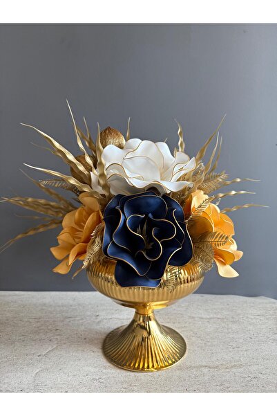 Luvienn Yapay Çiçekli Gold Vazo Aranjmanı- Masa Çiçeği-Masa Dekoru