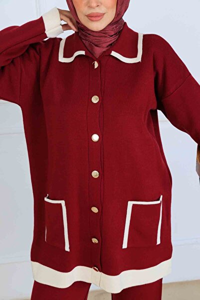 benguen Buttoned Stripe Detailed Knitwear Set S1043 Burgundy