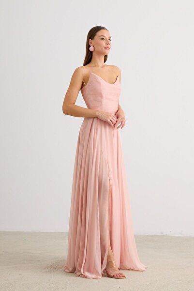 Carmen Pudra Yırtmaçlı Şifon Abiye Elbise