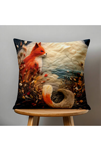 Filamente Double-Sided Digital Print Throw Pillow Cover with Felt Craft Look and Fox Pattern