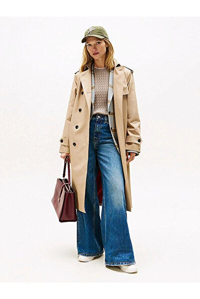 Tommy Hilfiger Cotton Regular Fit Double Breasted Women's Beige Coat Ww0Ww46529Aeg