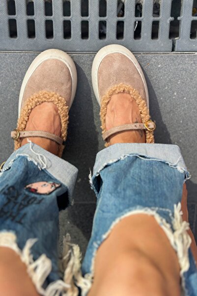 Shoebutik Sereny Beige Suede Fur Women's Sneakers Ballet Flats