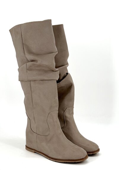 Shoebutik Nora Beige Suede Hidden Wedge Heel Women's Boots