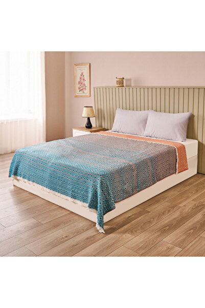 MATMEL Soft Zemira Cotton Double Blanket - Blue / Orange - 200X220 cm
