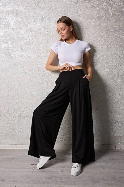 Maison La Femme Kadın Pileli Gizli Cepli Palazzo Pantolon Siyah