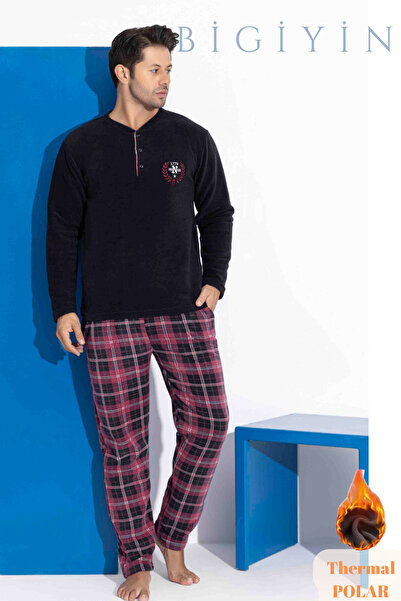 bigiyin Men's Fleece Pajama Set Winter Men's Pajama Suit Men's Fleece Thermal Suit