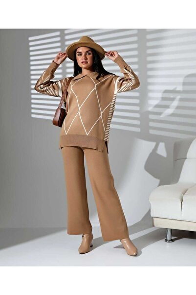 Intisimo Costum tricotat pentru femei, două piese, inserții, maro