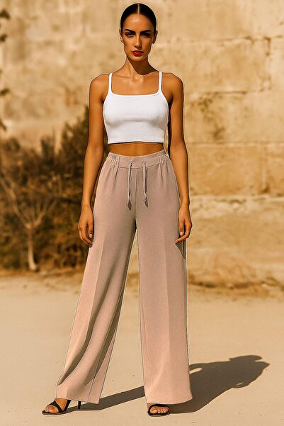 dk denemekabini Women's High Waist Latex Waistband Palazzo Pants - Beige