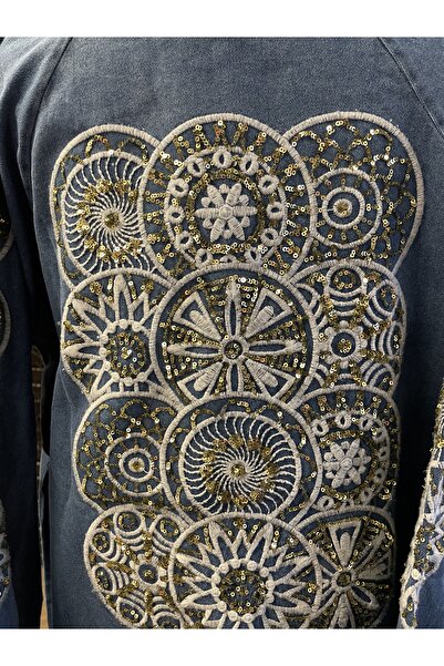 Miss Allos Women's Stone Embroidered Long Sleeve Denim Kimono