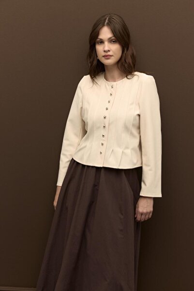 Merve Gültekin Nervürlü Çelik İnterlok Hırka Krem