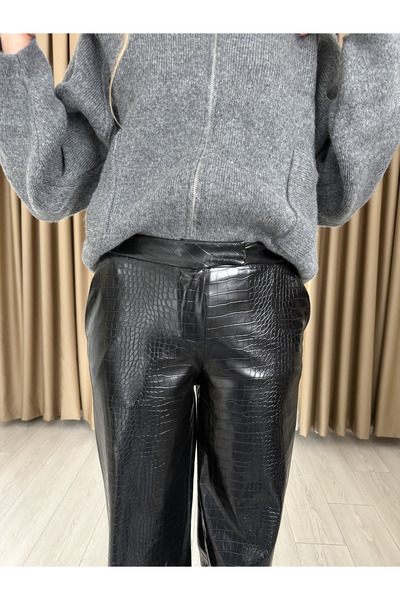 monanora Timsah Derisi Desenli Geniş Paça Deri Pantolon