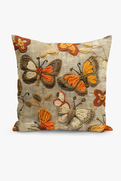 Filamente Çift Taraflı Dijital Baskı Kırlent Kılıfı Nakış Görünümlü Kelebek D...