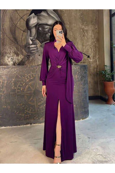 missswans Breanna Omuz Vatkalı Şal Yaka Likralı Aksesuar Detaylı Uzun Elbise Mor