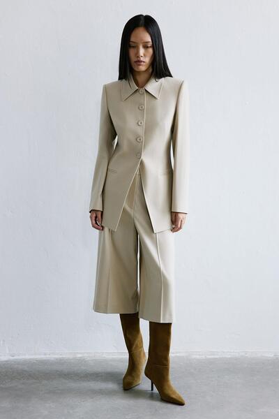 rue Wool Textured Beige Long Coat