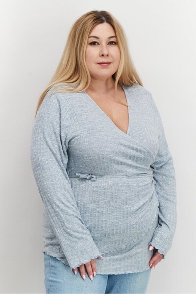 Rebellious One Women Plus Size Surplice Neck Long Sleeves Knitted Wrap Blouse...