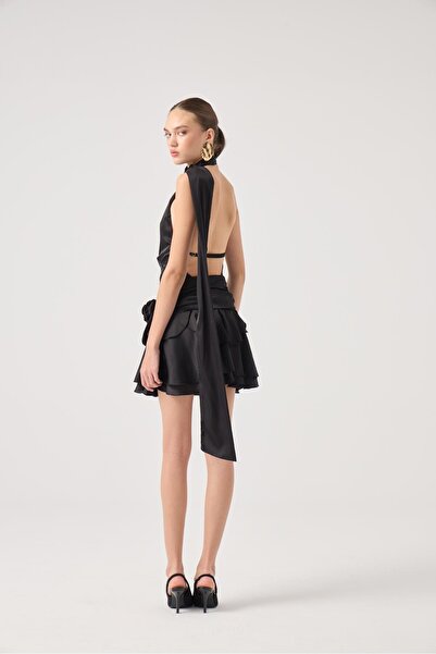HOLLY LOLLY Belted Mini Satin Giana Dress Black