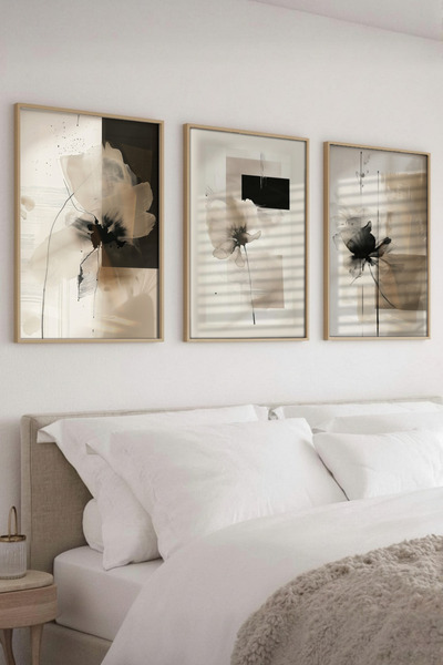 Wooden Factory Çerçeveli Modern Soyut Çiçek Desenli 3’lü Tablo Seti