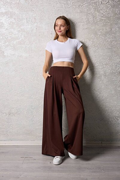 Maison La Femme Γυναικείο παντελόνι Palazzo με κρυφή τσέπη με πλισέ