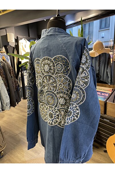 Miss Allos Women's Stone Embroidered Long Sleeve Denim Kimono