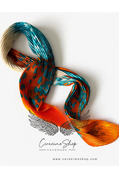 Cerenimo Shop Pileli Renkli Desenli Saten Şal & Fular (70*70 cm)