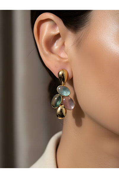 TURBİJ Pastel Taş Detaylı Gold Vip Küpe | Trend Küpe | Zarif Kadın Küpe