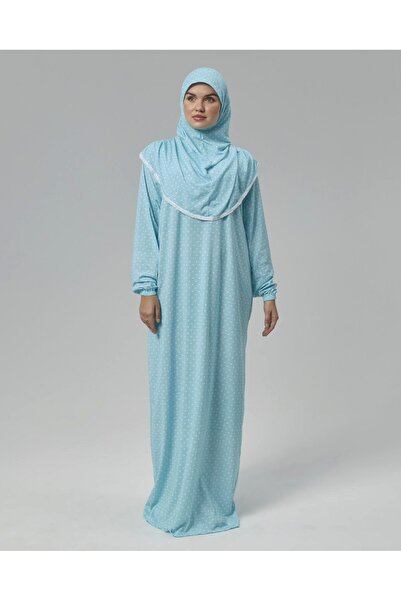R reisa %100 Pamuk Başörtülü Tek Parça Namaz Elbisesi - Puantiyeli Turkuaz