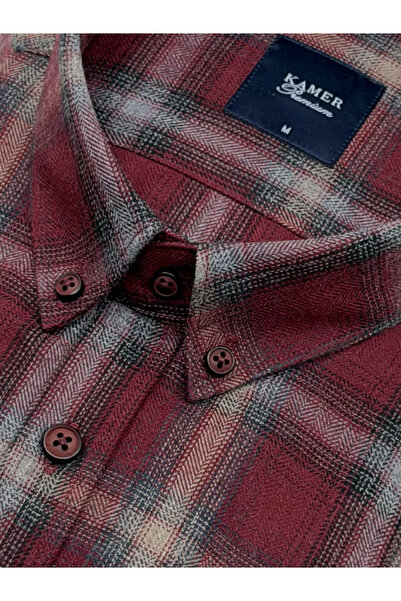 KAMER Men's Regular Fit Winter Long Sleeve Button-Up Collar Single Pocket Plaid Burgundy Shirt 3848R