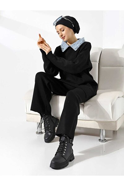Intisimo Set tricotaje damă, două piese, mărime mare, guler cu perle, negru/d...