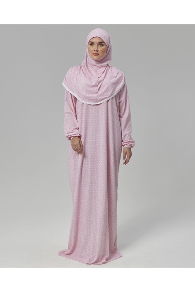 R reisa %100 Pamuk Başörtülü Tek Parça Namaz Elbisesi - Puantiyeli Pembe