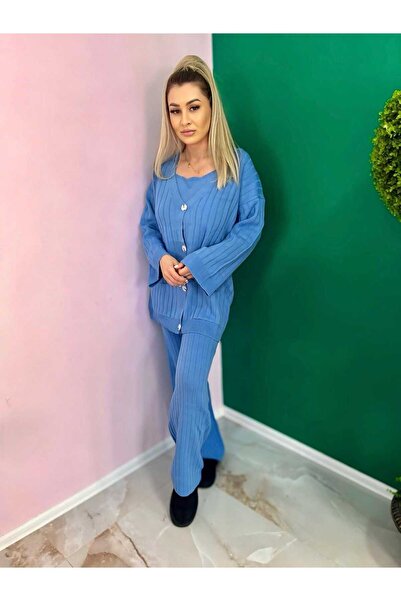 Intisimo Γυναικείο Πλεκτό Κοστούμι, Τρία Τεμάχια, Κουμπιά, Μπλε