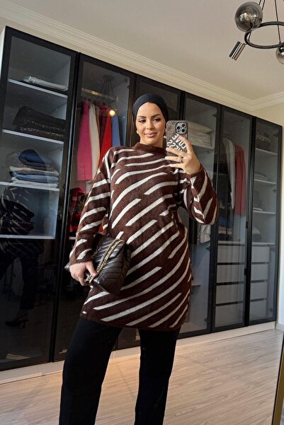 megapol giyim Women's Coffee Color Stripe Detailed Bearded Long Sweater
