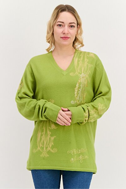 Christian Audigier Women V-Neck Embellished Sweater, Green/Gold