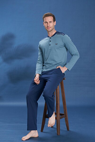 Owersleep Set de pijamale pentru bărbați, din bumbac pieptănat, cu plăci fron...