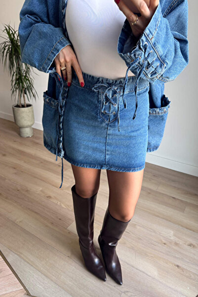 Sue Store Σετ μπουφάν με τζιν φούστα με λεπτομέρεια μπλε μάτι πουλιού