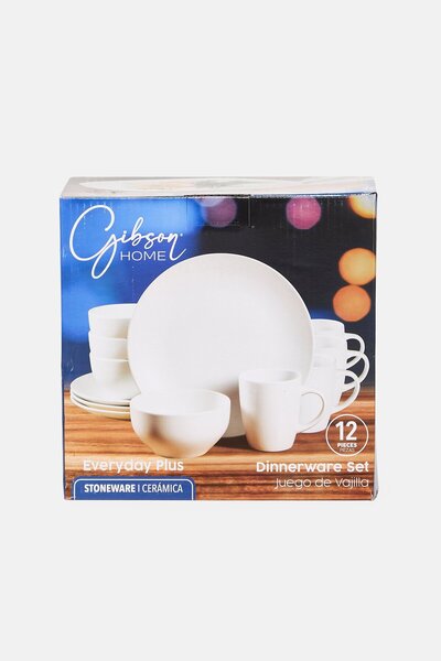 Gibson Home 12 Pieces Everyday Plus Stoneware Dinner Set, White