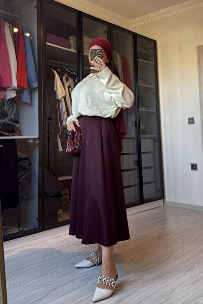 megapol giyim Women's Burgundy Scuba Fabric Bell Skirt