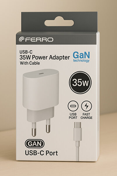 Store Ferro 35W GaN Type-C Hızlı Şarj Adaptörü + Kablo – Çift Type-C Uçlu, Ak...