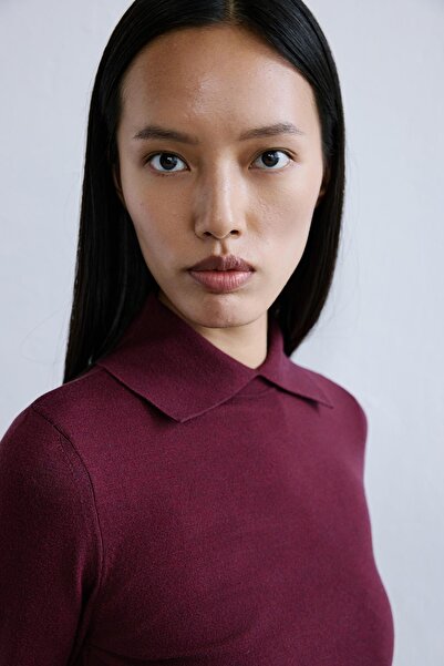 rue Basic Burgundy Knit Blouse with Collar