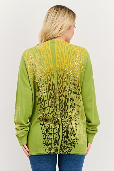 Christian Audigier Women V-Neck Embellished Sweater, Green/Gold