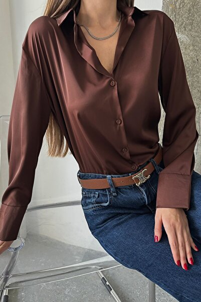 VAGGON Women's Brown Oversize Basic Satin Shirt Vs01304